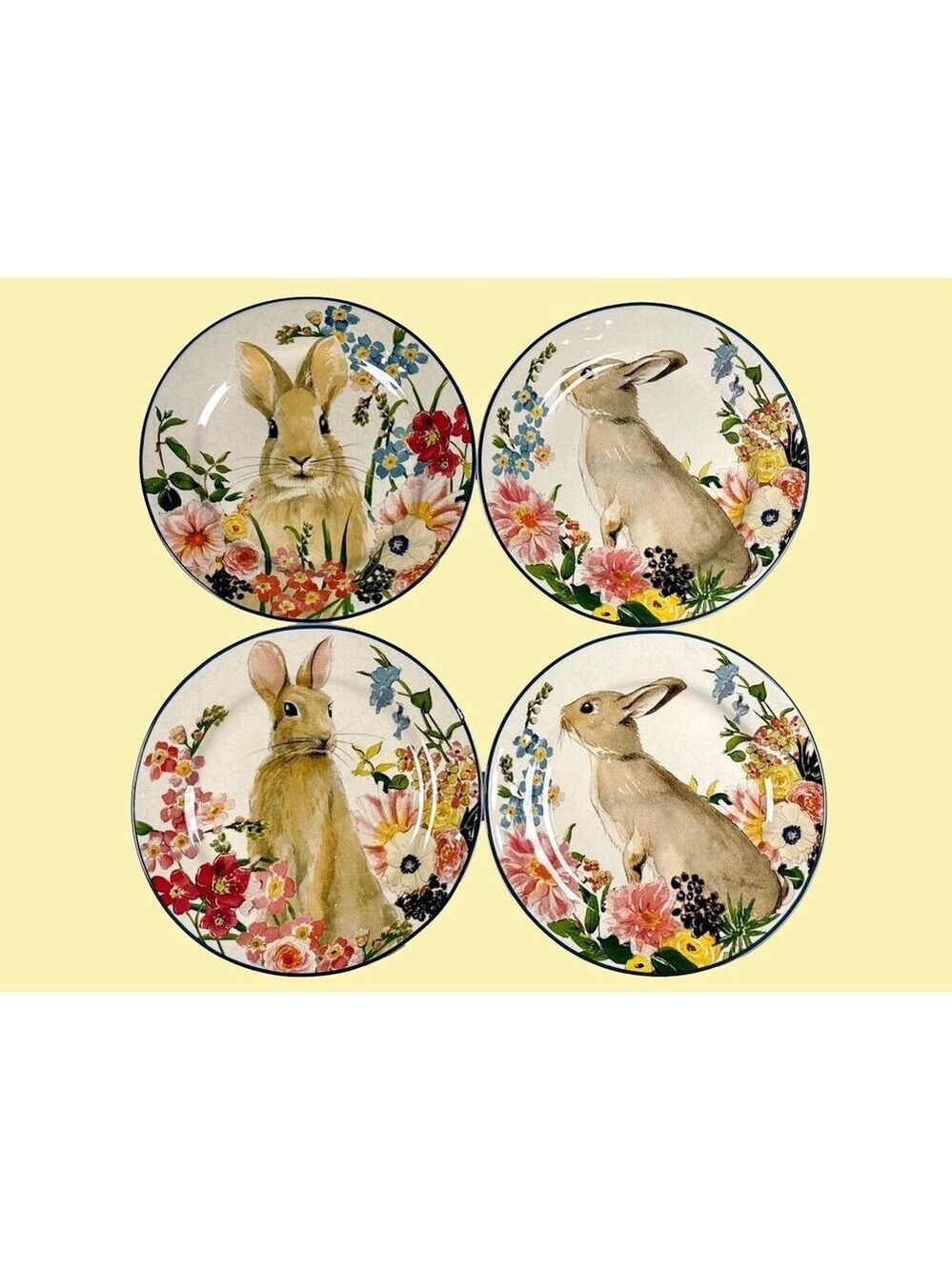 Set of 4 Pottery Barn Floral Bunny Stoneware 8.5 in Plates Easter Spring Decor